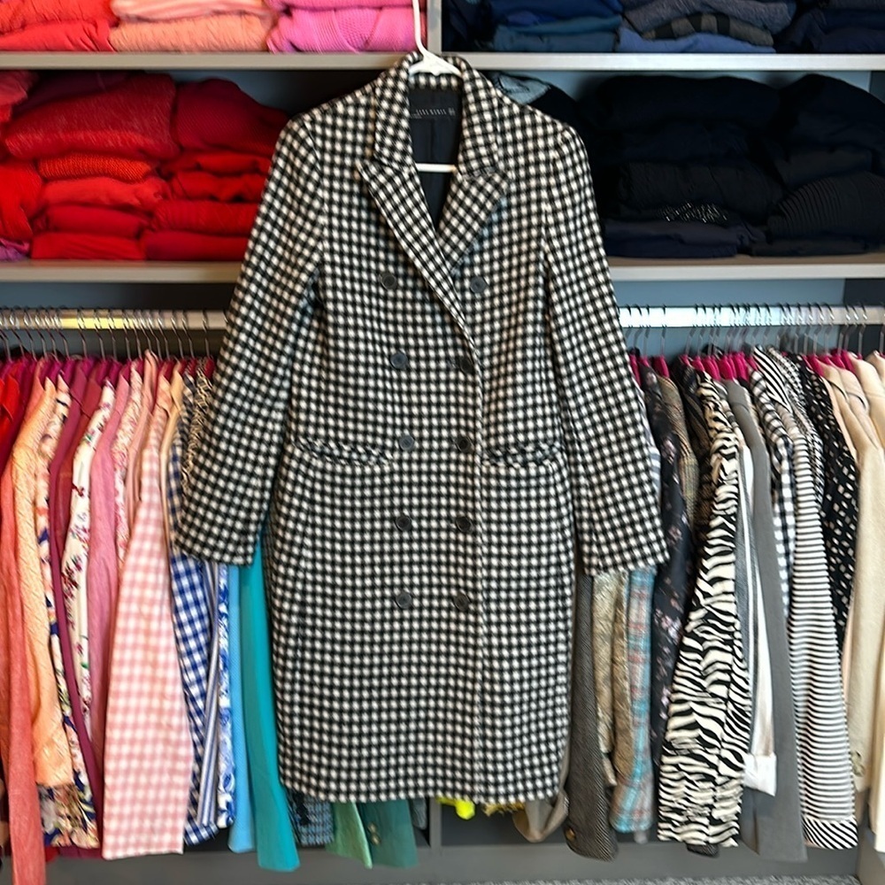 Zara Woman black/white gingham double breasted long coat size XS